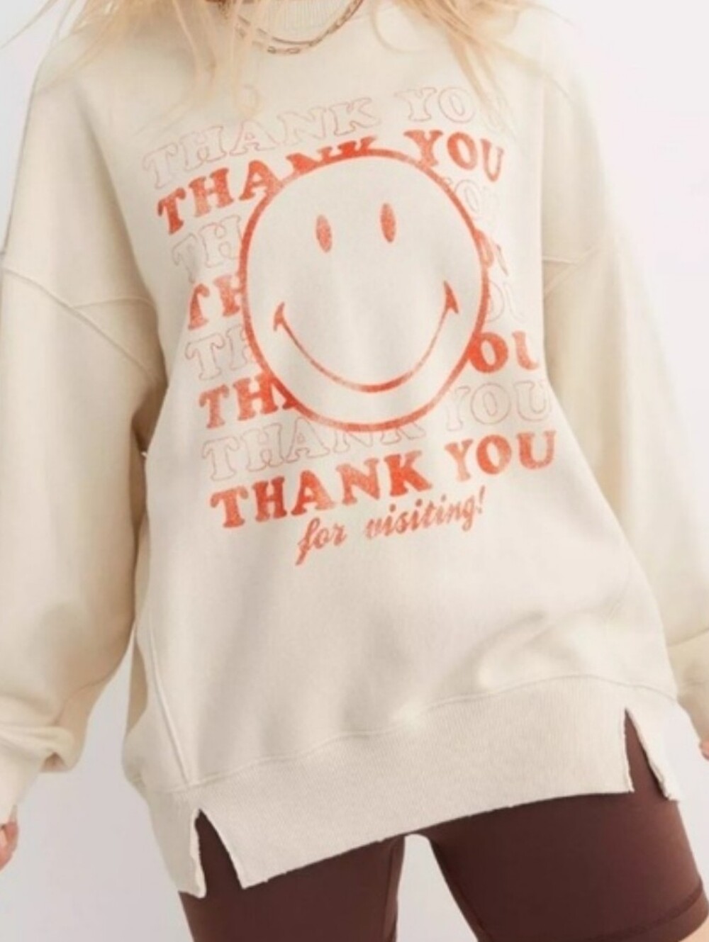 aerie Chill Crew Cream Red Graphic Smiley Oversized Distressed Baggy SWeatshirt